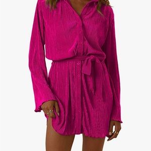 *NWT* LYANER Women's Button Down Pleated Long Sleeve Mini Shirt Dress with Belt